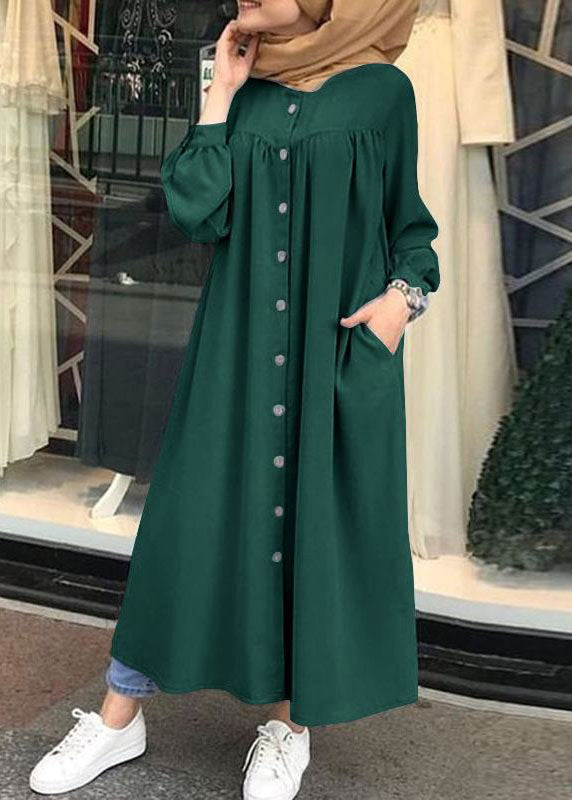 Solid Color Stand Collar Button Down Front Leisure Loose Maxi Dress with Side Pockets