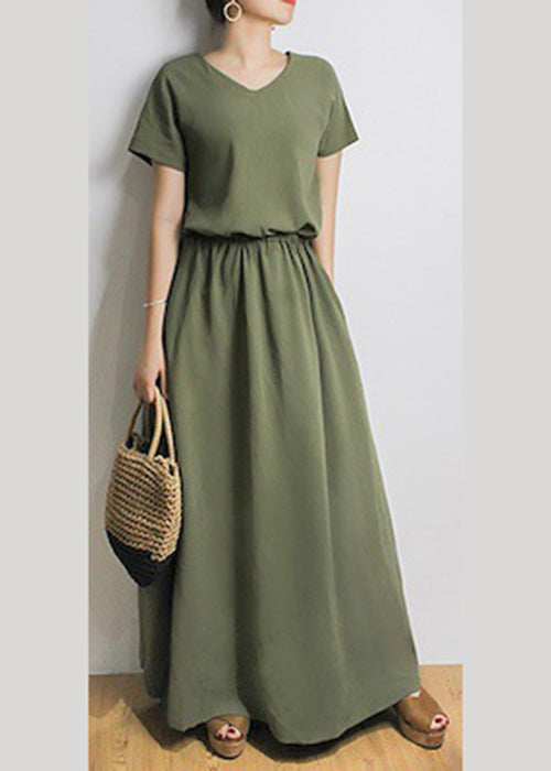 Solid Sash Elastic Waist Short Sleeve Casual Maxi Dress Green