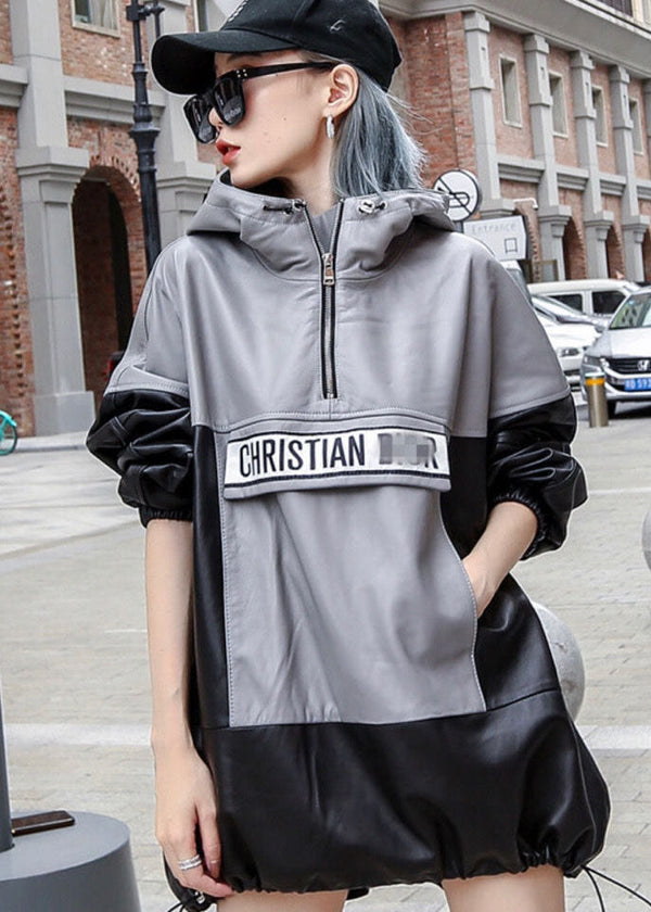 Streetwear Black Grey Hooded Patchwork Drawstring Leather Pullover Coats Long Sleeve