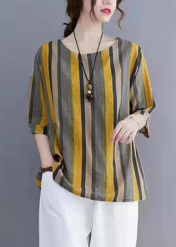 Striped Patchwork Linen T Shirt Tops O Neck Short Sleeve