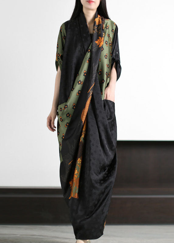 Style Black Green Pockets Print Wrinkled Patchwork Silk Long Dresses Summer