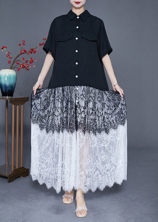 Style Black Peter Pan Collar Lace Patchwork Chiffon Long Dress Summer