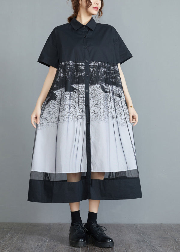 Style Black Peter Pan Collar Tulle Patchwork Cotton Maxi Dresses Short Sleeve