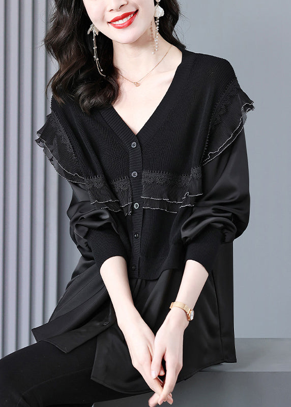 Style Black V Neck Knit Ruffled Patchwork Silk Blouse Top Fall