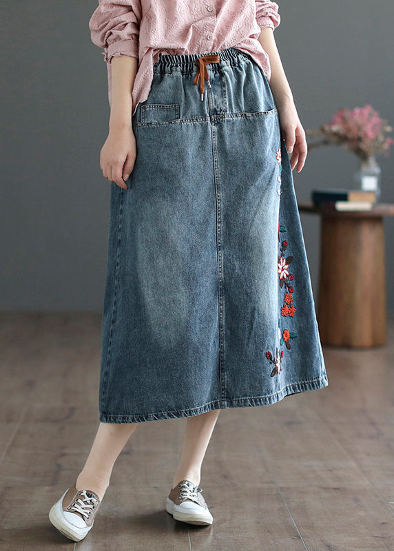 Style Blue Embroidered Patchwork Elastic Waist Denim A Line Skirts Summer