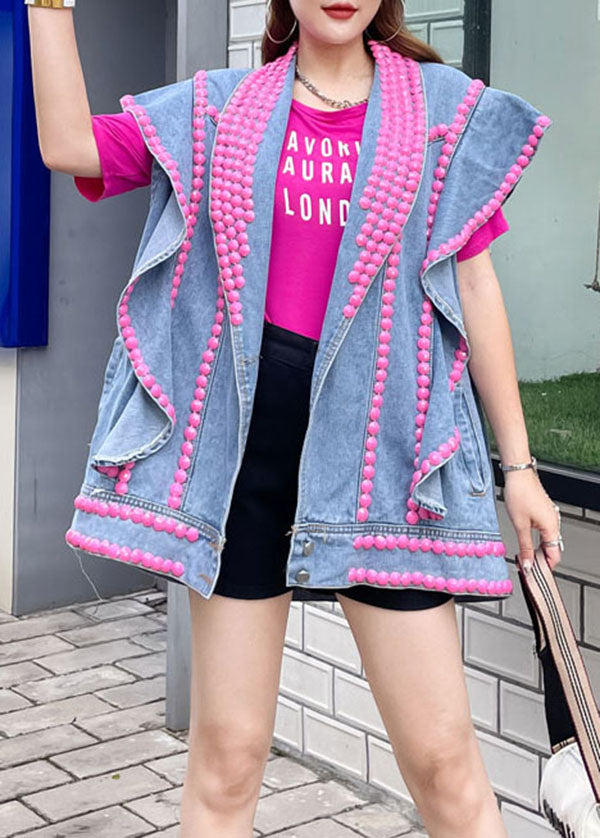 Style Blue Ruffled Nail Bead Letter Patchwork Denim Vest Sleeveless