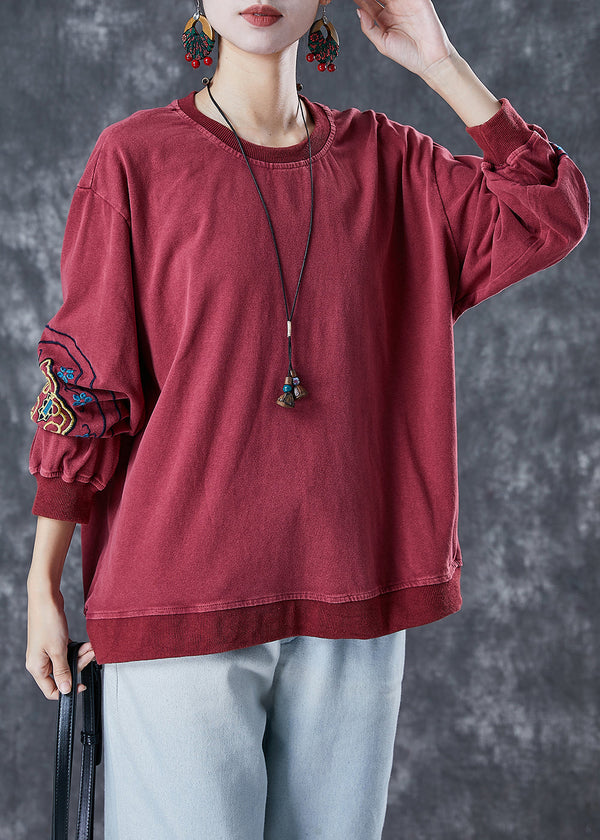 Style Dull Red Embroidered Cotton Loose Sweatshirts Top Fall