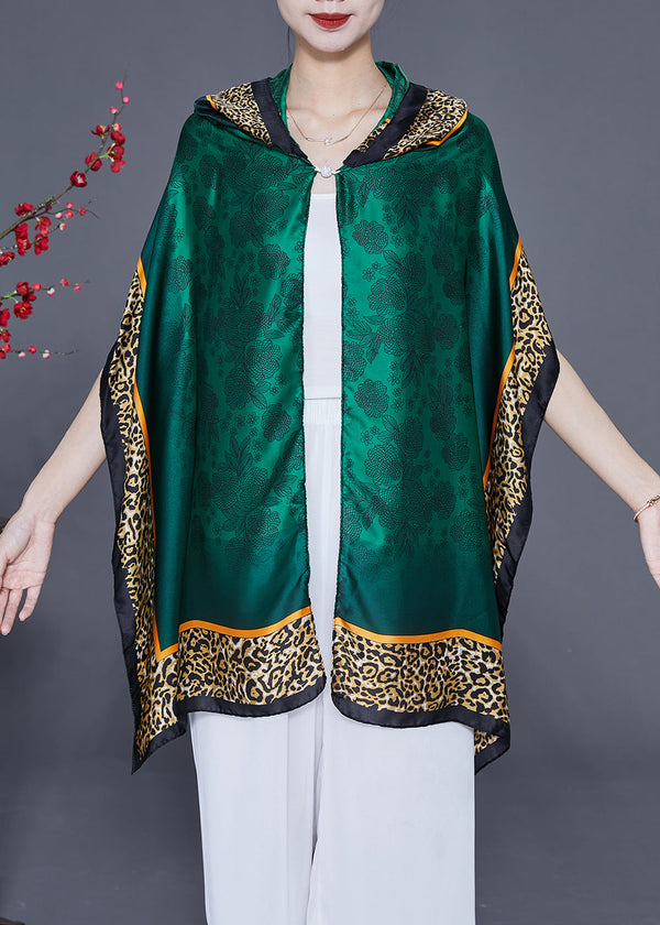 Style Green Hooded Leopard Print Silk Shawl