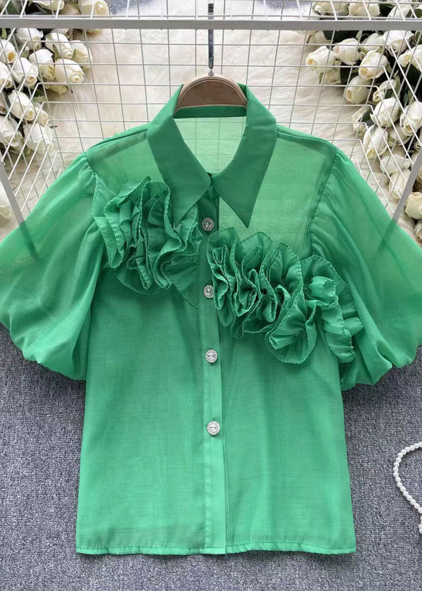 Style Green Peter Pan Collar Floral Patchwork Cotton Shirts Puff Sleeve