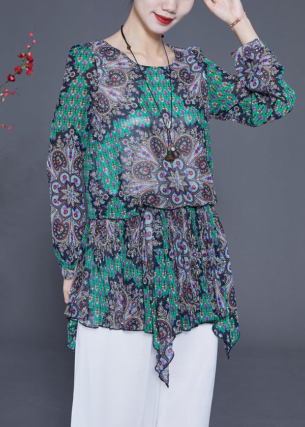 Style Green Print Asymmetrical Design Chiffon Blouses Spring