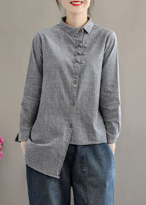 Style Grey Asymmetrical Design Oriental Button Cotton Blouses Long Sleeve