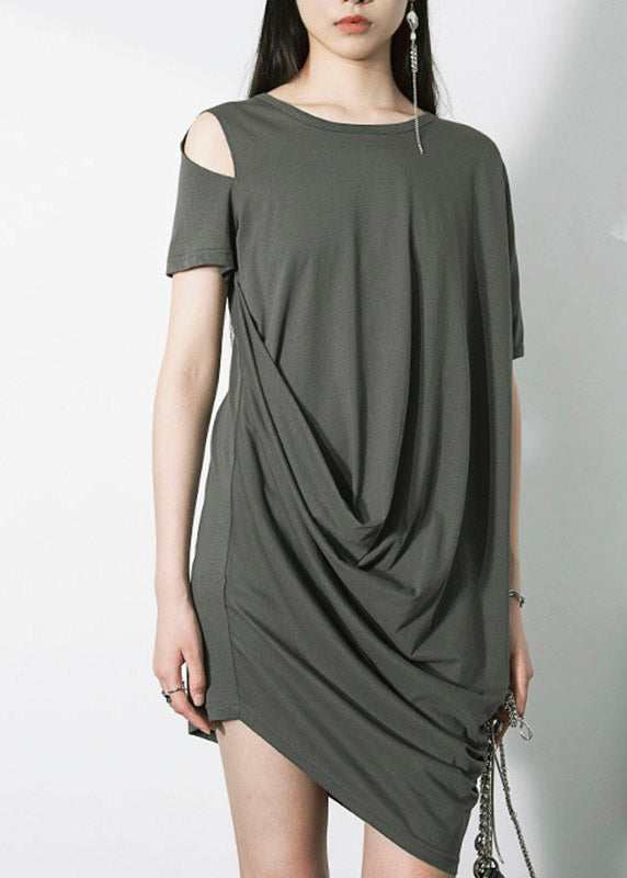 Style Grey Asymmetrical Design Wrinkled Cotton Mid Dress Short Sleeve