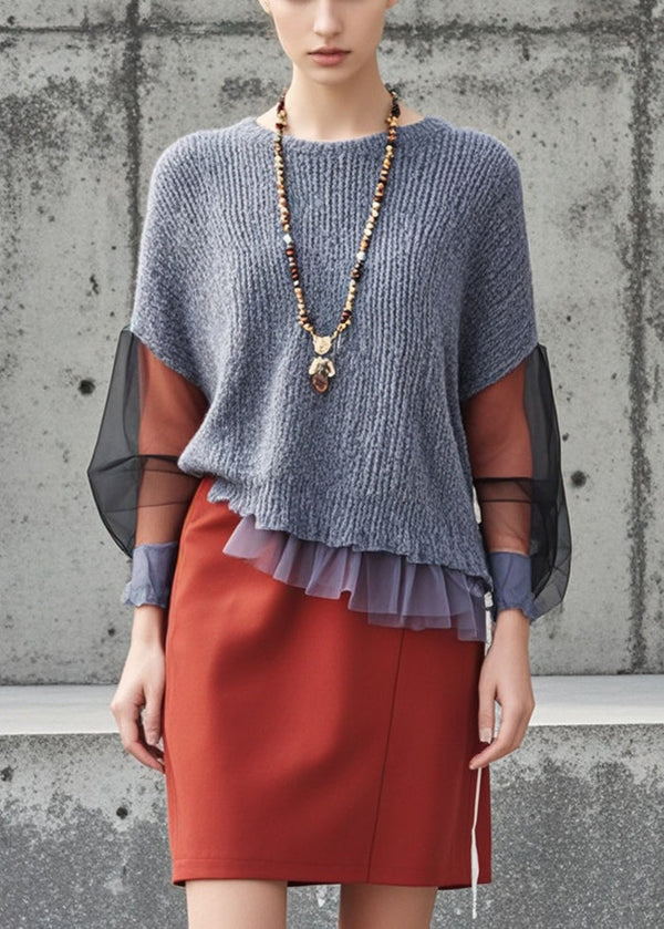 Style Grey Asymmetrical Patchwork Tulle Sweaters Fall