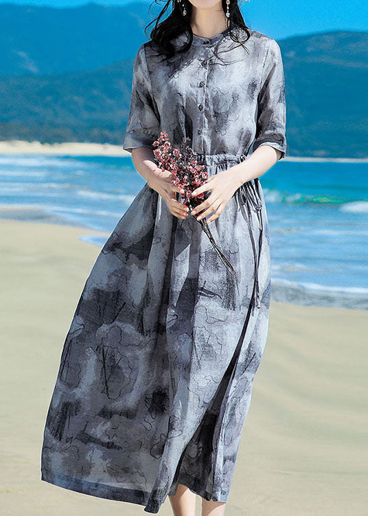 Style Grey Stand Collar Tie Waist Tie Dye Linen Beach Dress Short Sleeve