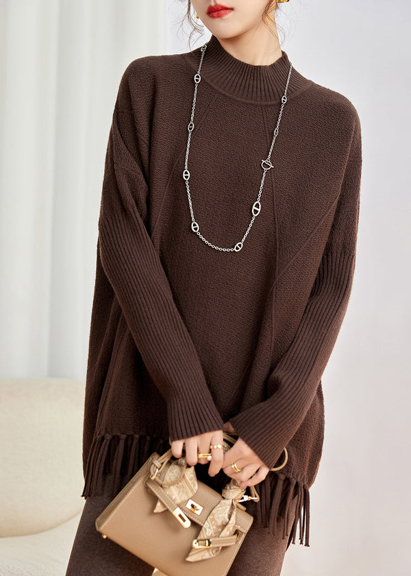 Style Loose Coffee Tasseled Thick Patchwork Knit Sweaters Winter