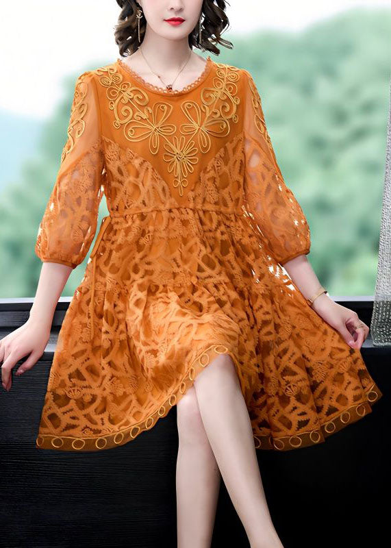 Style Orange Embroidered Patchwork Tulle Mid Dress Summer