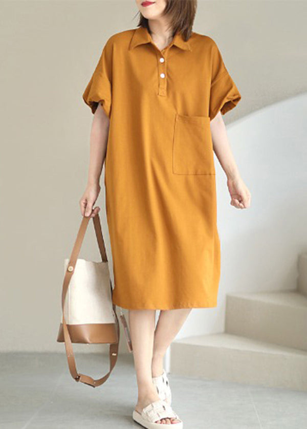 Style Orange Peter Pan Collar Pocket Cotton Maxi Dresses Summer