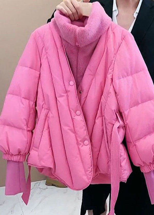 Style Pink Fur collar Patchwork Fine Cotton Filled Fake Two Piece Jacket In Winter