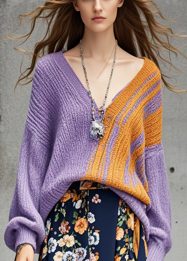 Style Purple V Neck Chunky Oversized Short Sweater Fall