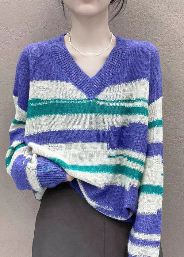 Style Purple V Neck Oversized Striped Knit Top Winter