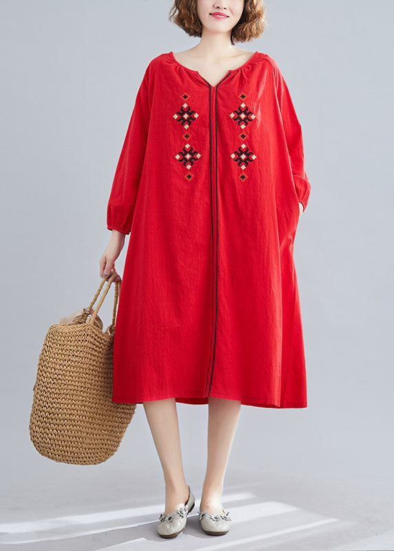 Style Red Embroidered Loose Dresses Spring