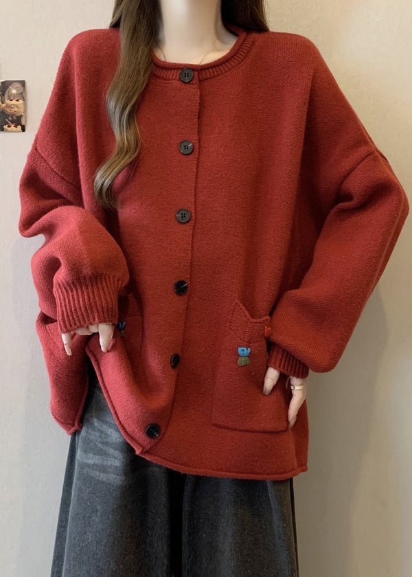 Style Red O Neck Button Pockets Knit Cardigan Winter