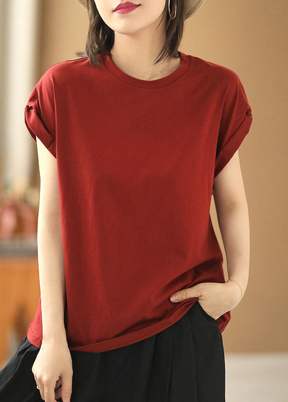 Style Red O-Neck Solid Color Cotton Loose Tank Tops Short Sleeve