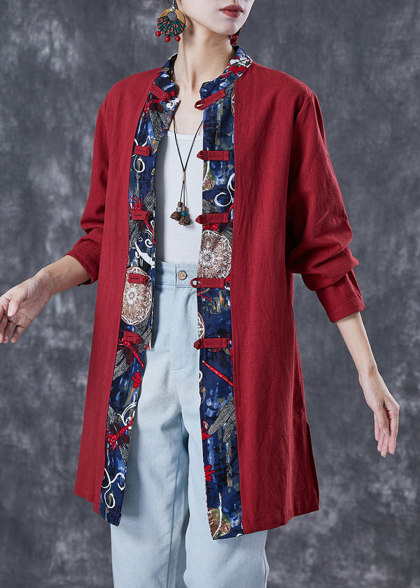 Style Red Oversized Patchwork Chinese Button Cotton Shirt Fall