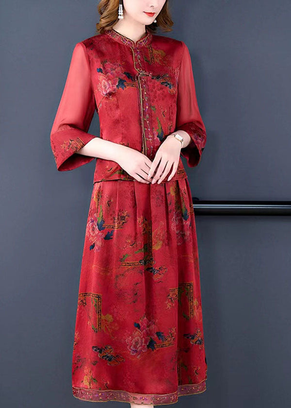 Style Red Tasseled Wrinkled Embroidered Silk Two Piece Set Clothing Summer