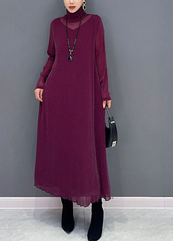 Style Rose Turtleneck Patchwork Tulle Long Dress Long Sleeve