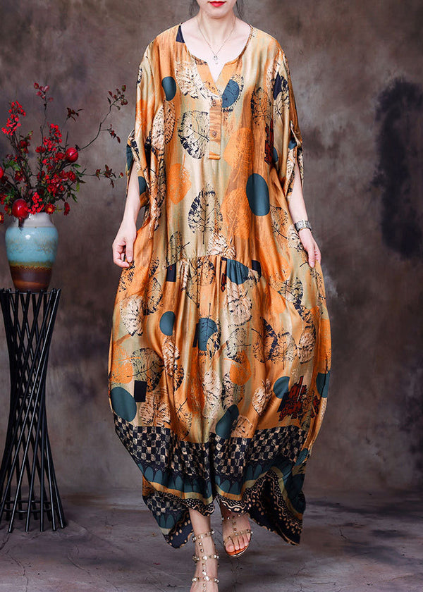 Style Yellow O-Neck Wrinkled Print Silk Women's Long Dress Half Sleeve