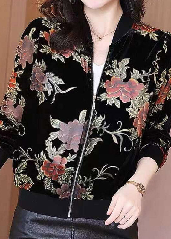 Stylish Black O-Neck Print Zippered Velour Coats Long Sleeve