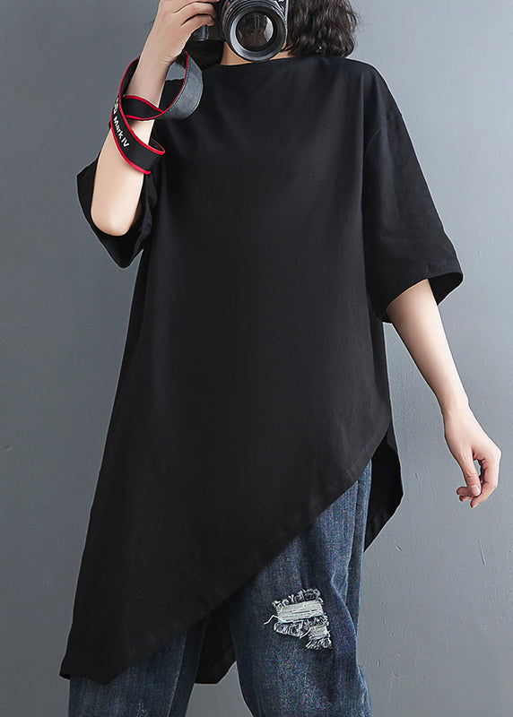 Stylish Black Oversized Asymmetrical Design Cotton Shirt Tops Summer