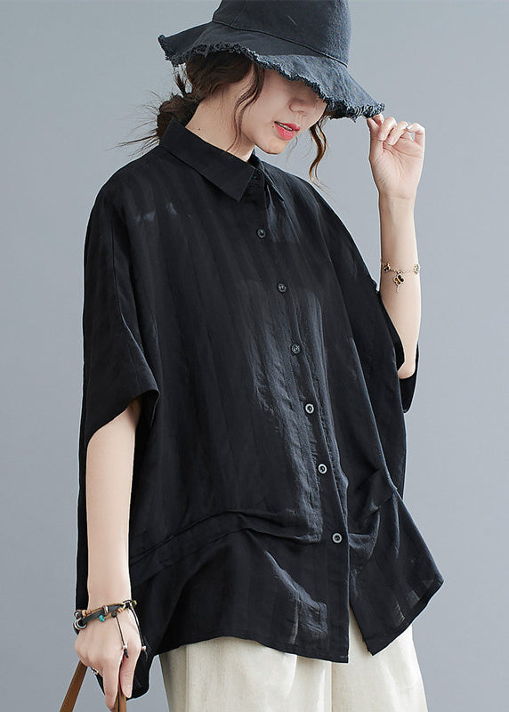 Stylish Black Oversized Wrinkled Cotton Shirt Top Summer