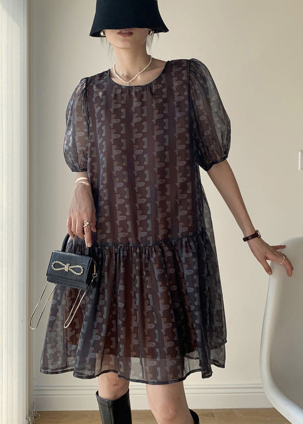 Stylish Black Print Wrinkled Patchwork Chiffon Dress Summer