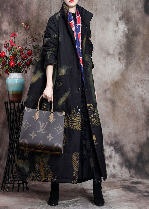 Stylish Black Stand Collar Oversized Print Pockets Fine Cotton Filled Puffer Wool Coats Winter