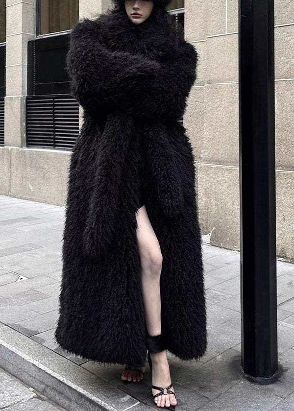 Stylish Black Tie Waist Patchwork Fuzzy Fur Fluffy Coat Winter