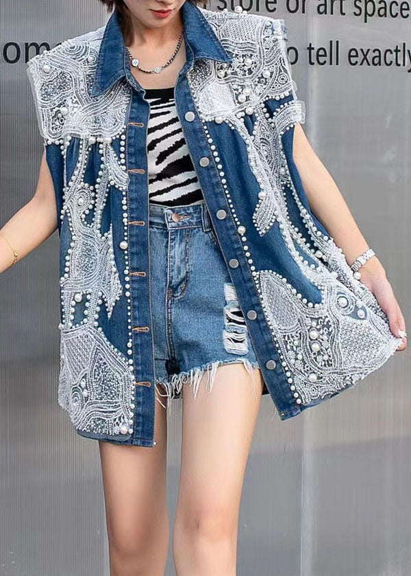 Stylish Blue Embroidered Nail Bead Patchwork Denim Vest Tops Sleeveless