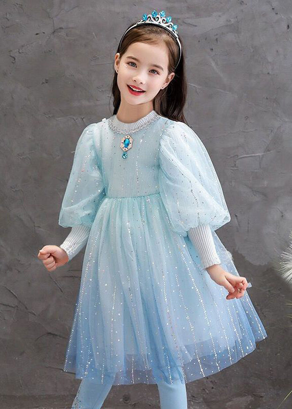 Stylish Blue O Neck Sequins Patchwork Tulle Baby Girls Princess Dress Fall