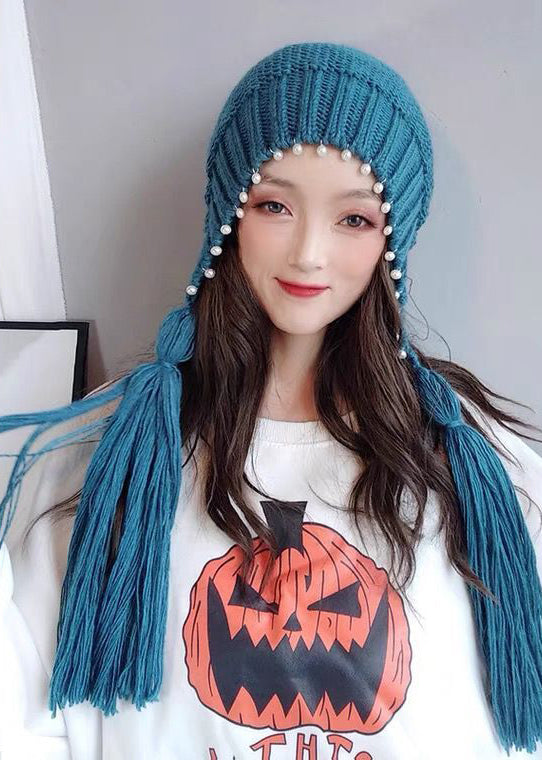 Stylish Blue Pearl Tassel Thick Knit Hat Winter