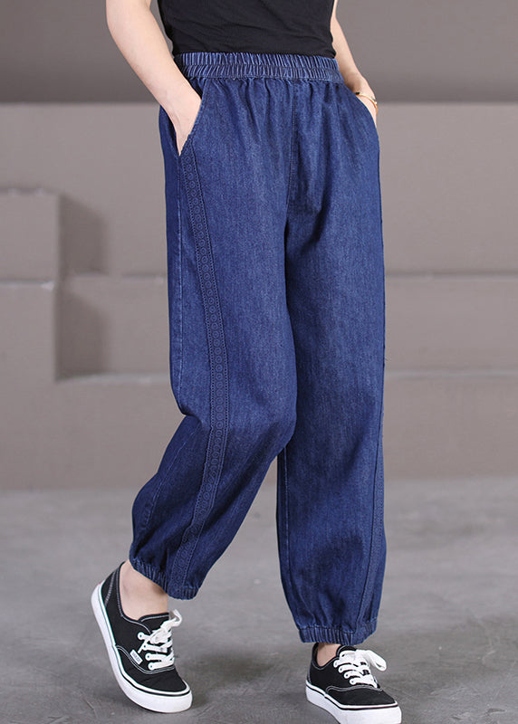 Stylish Blue Pockets Lace Patchwork Denim Beam Pants Fall