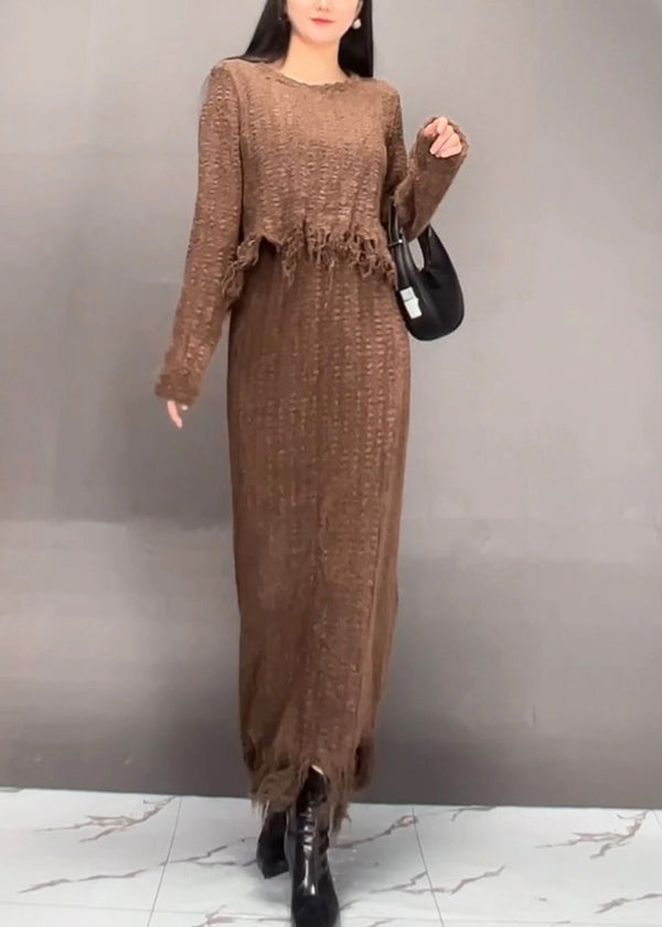 Stylish Brown O-Neck Asymmetrical Tassel Top And Maxi Skirts Two Pieces Set Fall