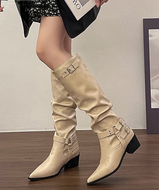 Stylish Buckle Strap Splicing Chunky Apricot Long Boots Pointed Toe