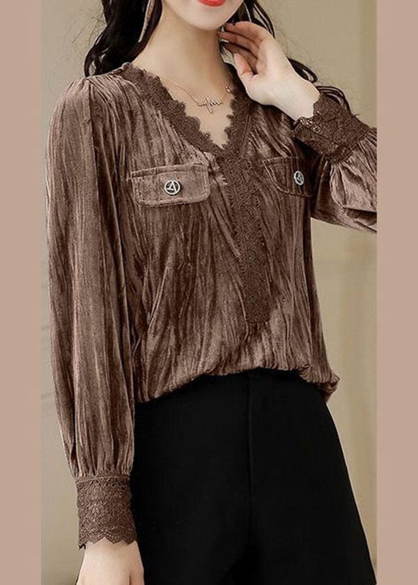 Stylish Caramel V Neck Patchwork Silk Velour Blouses Long Sleeve