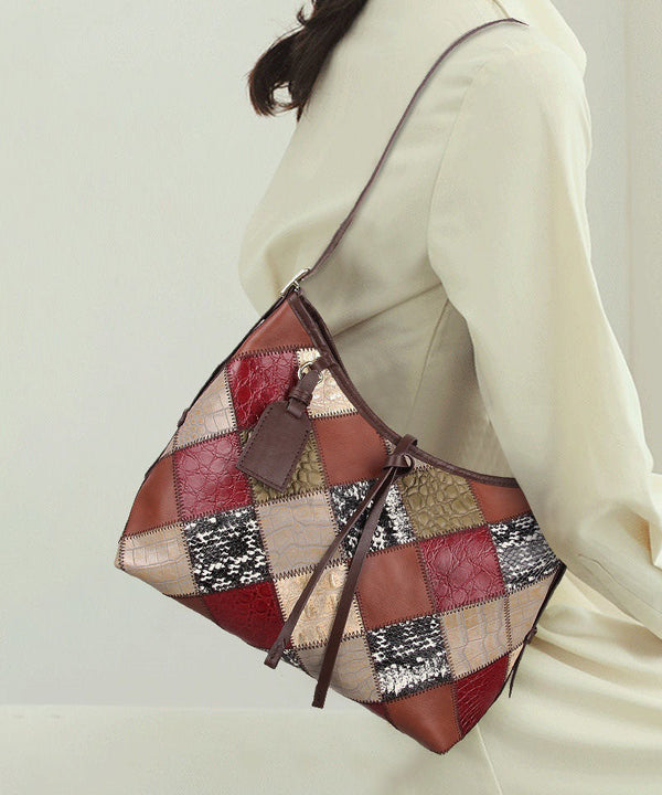 Stylish Colorblock Zippered Patchwork Calf Leather Tote Handbag