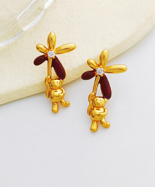 Stylish Gold Copper Overgild Oil Drip Zircon Little Bear Floral Stud Earrings