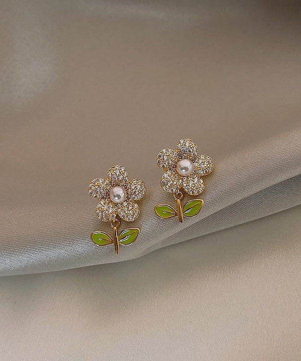 Stylish Gold Sterling Silver Alloy Zircon Pearl Floral Stud Earrings