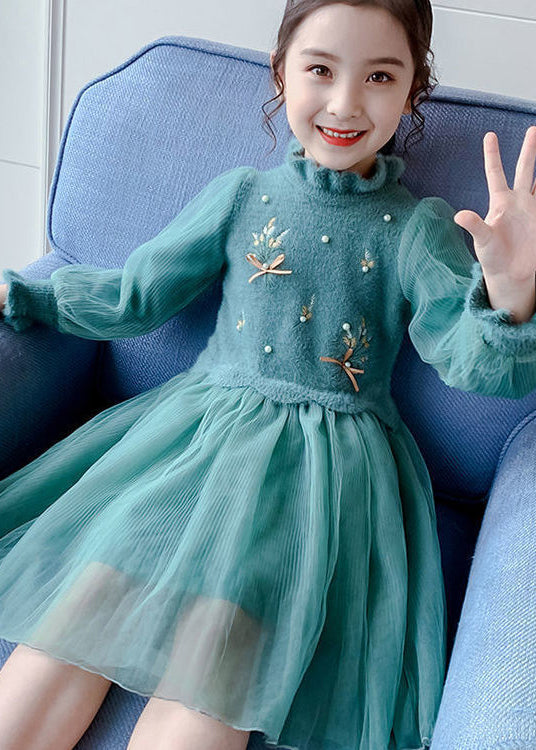 Stylish Green Embroidered Nail Bead Patchwork Tulle Kids Girls Dresses Fall