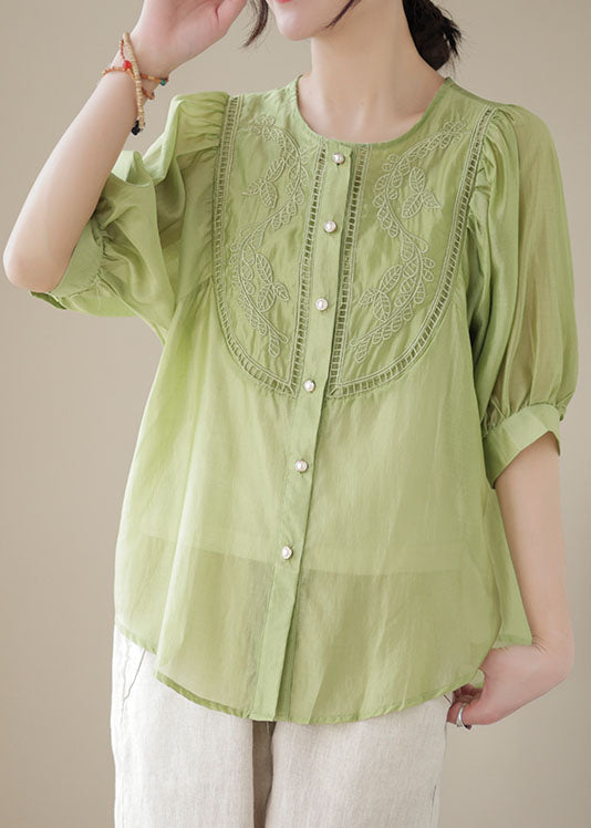 Stylish Green Embroidered Wrinkled Patchwork Cotton Shirts Summer