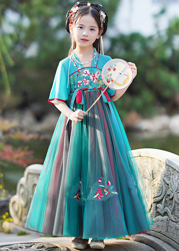 Stylish Green V Neck Embroidered Kids Maxi Dresses Summer